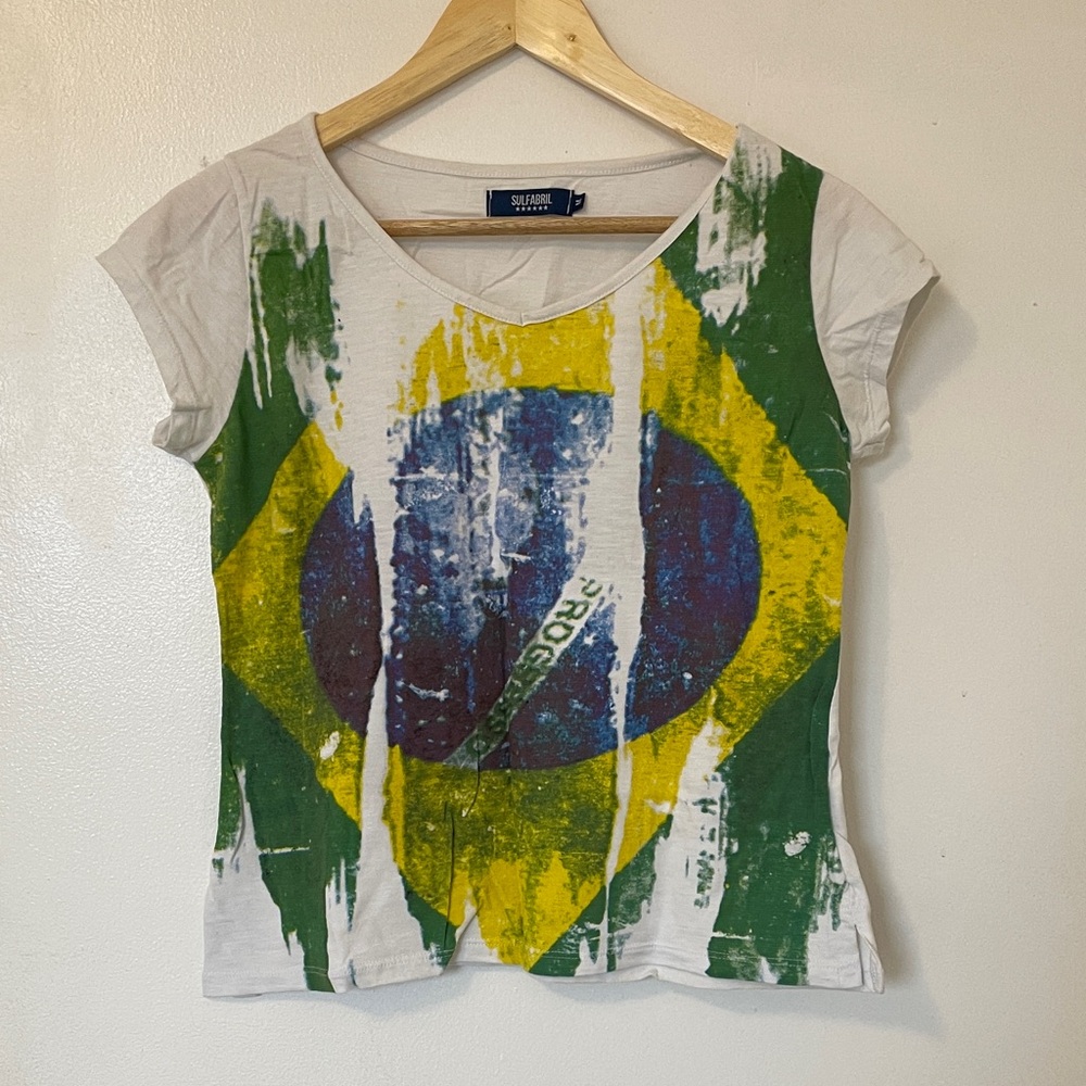 White Cap-Sleeve Brazil Flag Graphic Tee